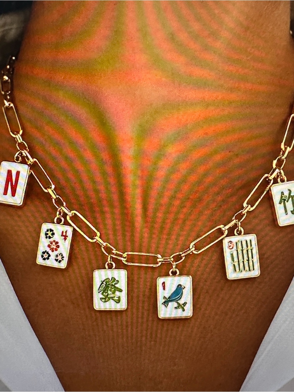 Gold Tone Mahjong Tile Charm Necklace with Enamel Accents